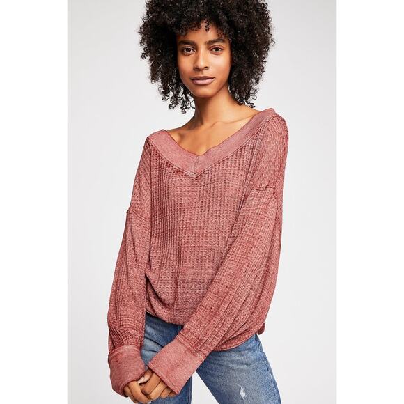 Free People Southside Thermal V-Neck Top XS Burgundy Red Slouchy Waffle Knit - Picture 1 of 8